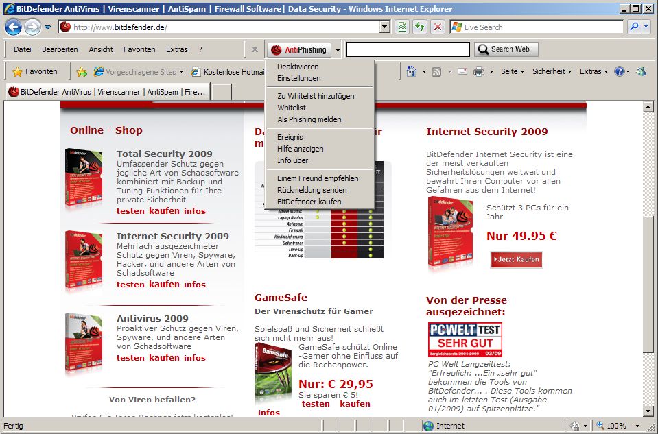 Screenshot vom Programm: BitDefender Anti-Phishing Free Edition