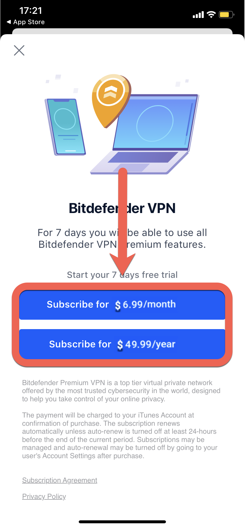 Abonnements - Bitdefender Premium VPN auf iOS