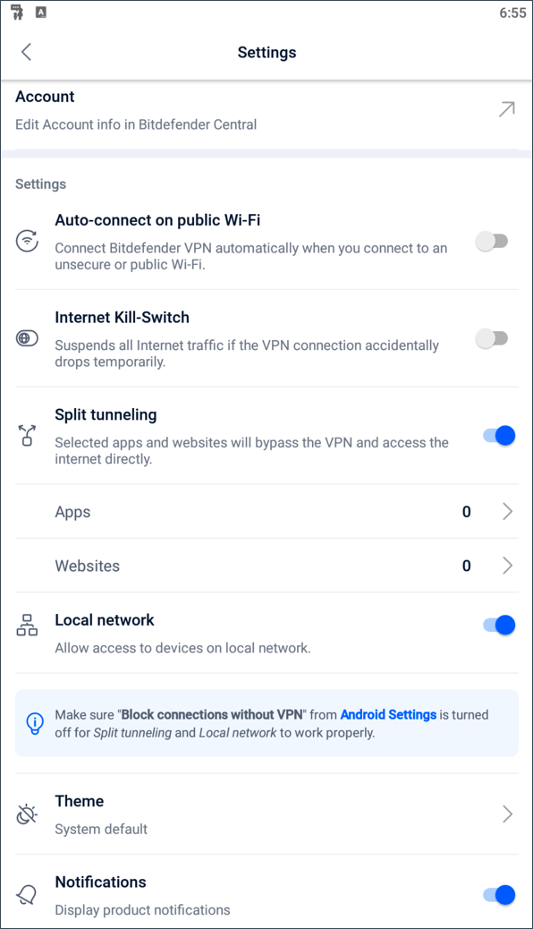 Bitdefender VPN für Android - Einstellungen