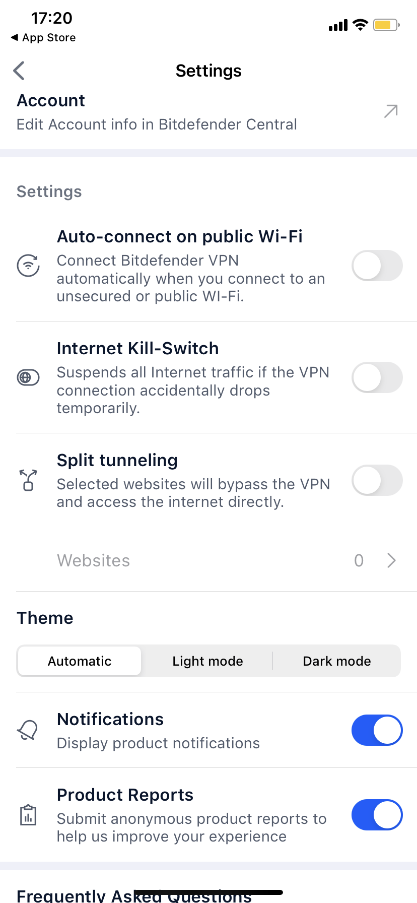 Bitdefender VPN für iOS - Einstellungen