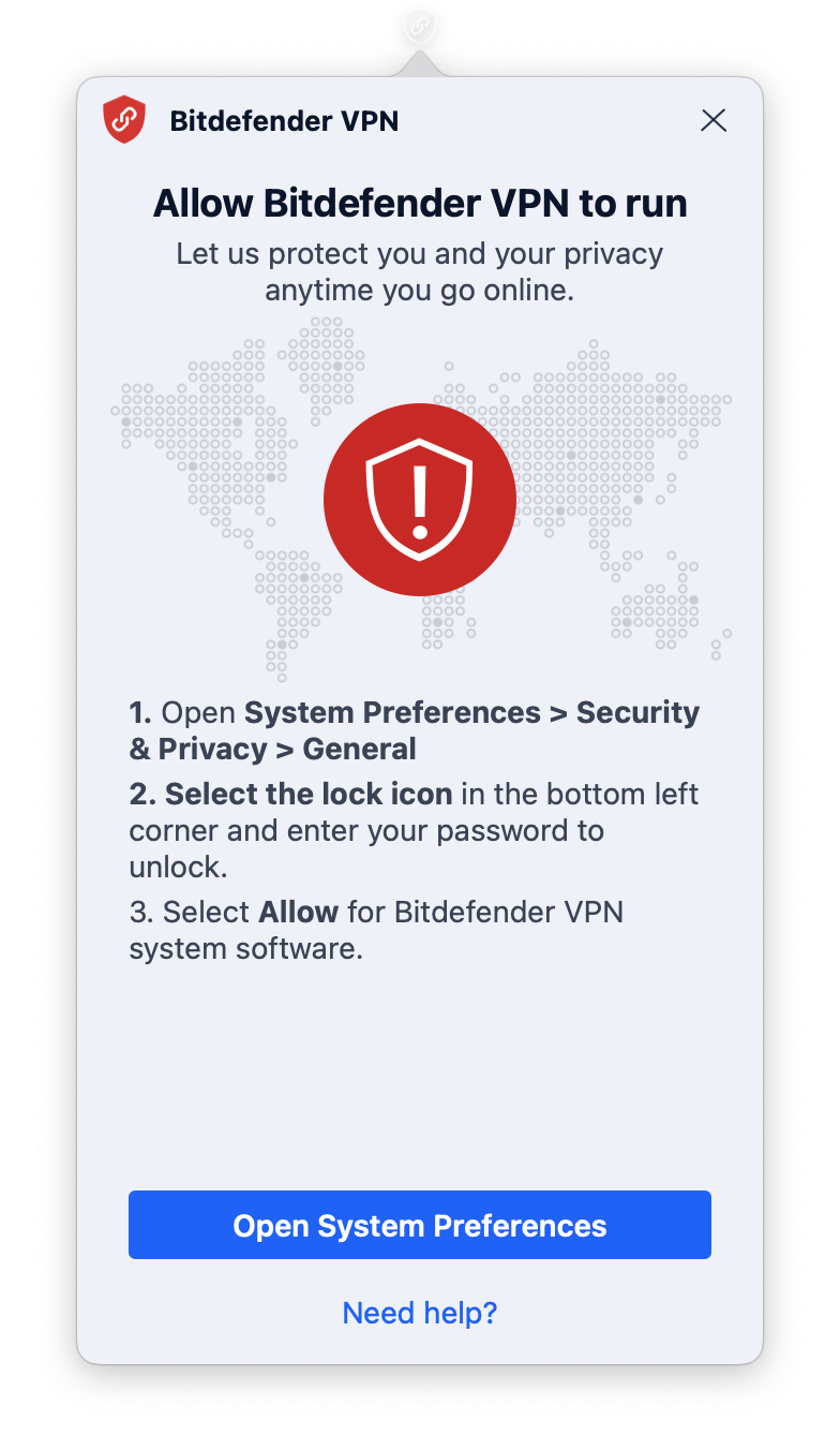 Bitdefender VPN für Mac - Öffnen Sie die Systemeinstellungen, um das VPN zuzulassen