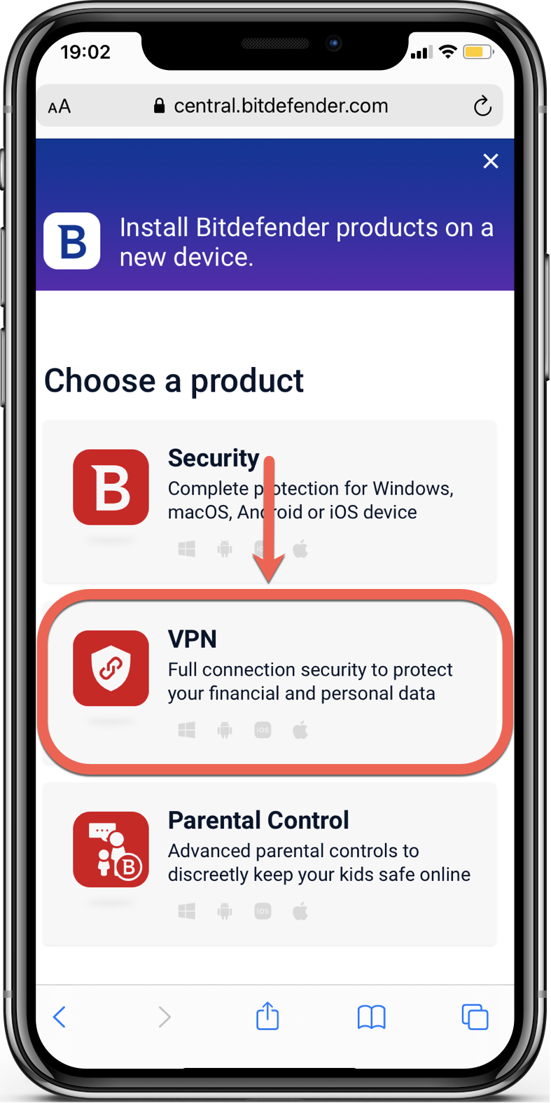 Installation von Bitdefender VPN unter iOS über Bitdefender Central