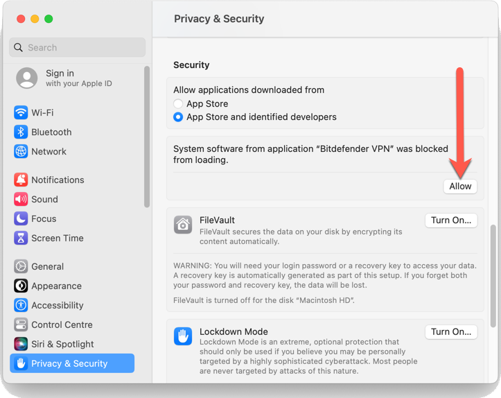 Bitdefender VPN für Mac zulassen