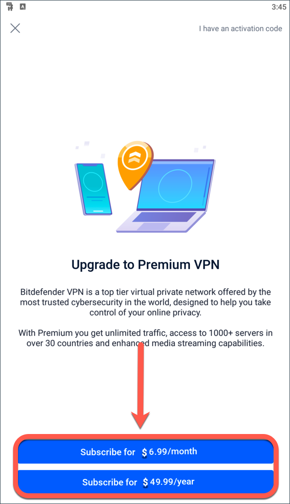 Abonnement auswählen - Bitdefender Premium VPN auf Android