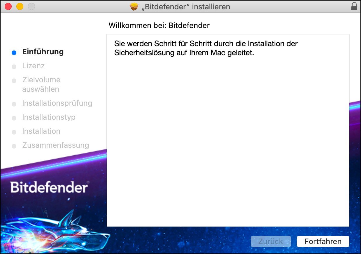 Installation von Bitdefender Antivirus für Mac - Fortfahren