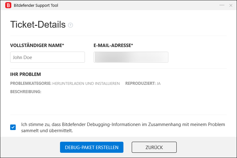 Generierung eines Bitdefender Support-Tool-Protokolls unter Windows - Ticket-Details