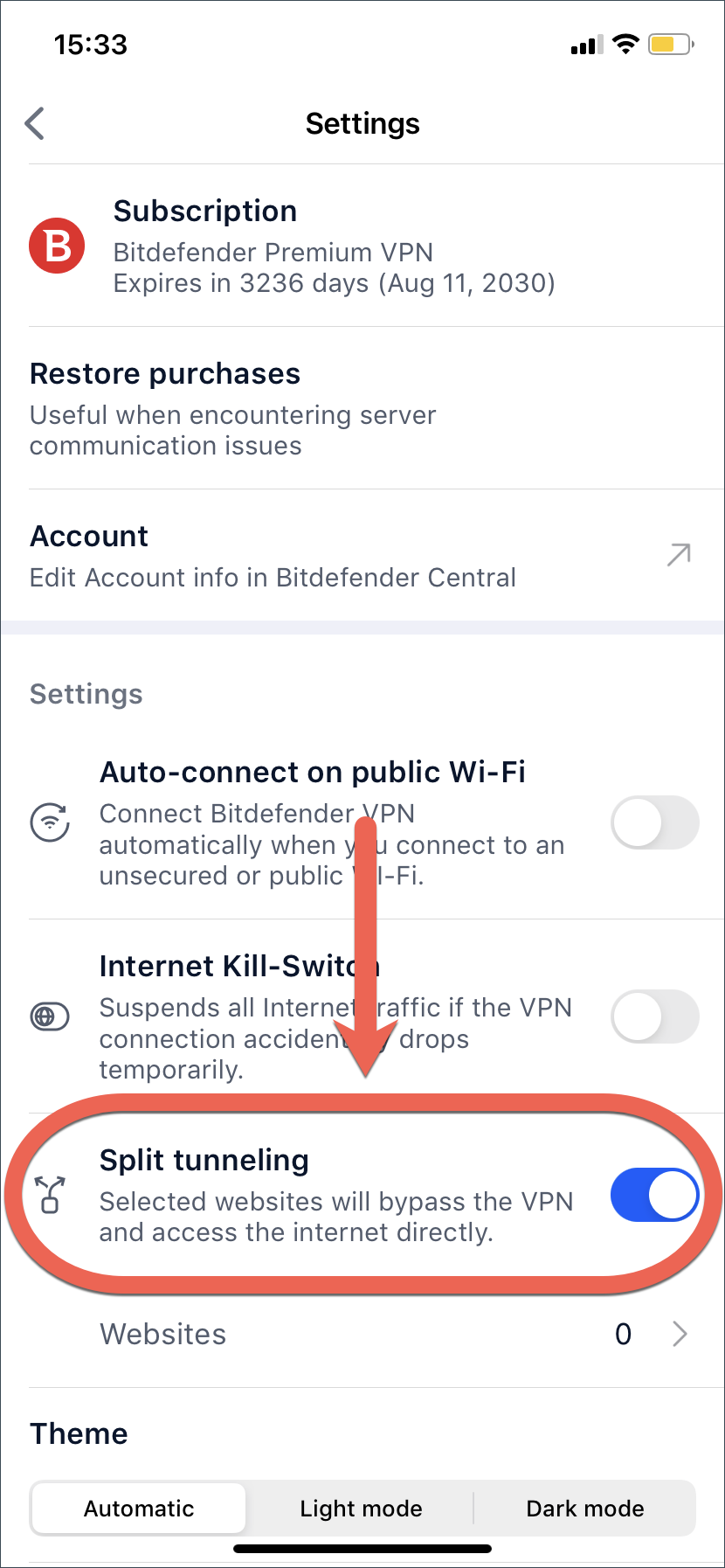 Aktivieren von Split Tunneling in Bitdefender VPN für iOS.