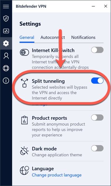 Verwenden Sie Split Tunneling, wenn Sie nicht auf eine Website zugreifen können, wenn Bitdefender VPN unter Windows aktiv ist.