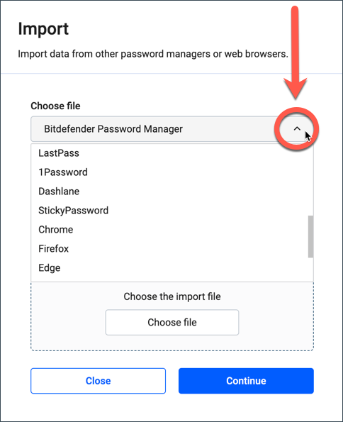 Wählen Sie die Passwortmanager-App oder den Browser aus, aus dem Sie Ihre Konten importieren möchten, geben Sie Ihr Master-Passwort in das entsprechende Feld ein und klicken Sie dann auf Datei auswählen.
